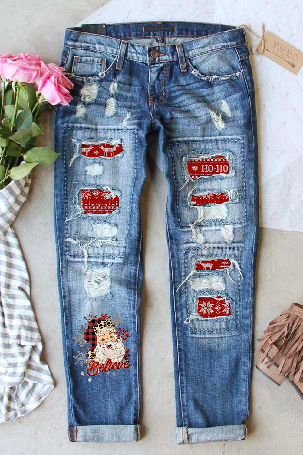 Santa Claus Pattern Splicing Distressed Boyfriend Jeans