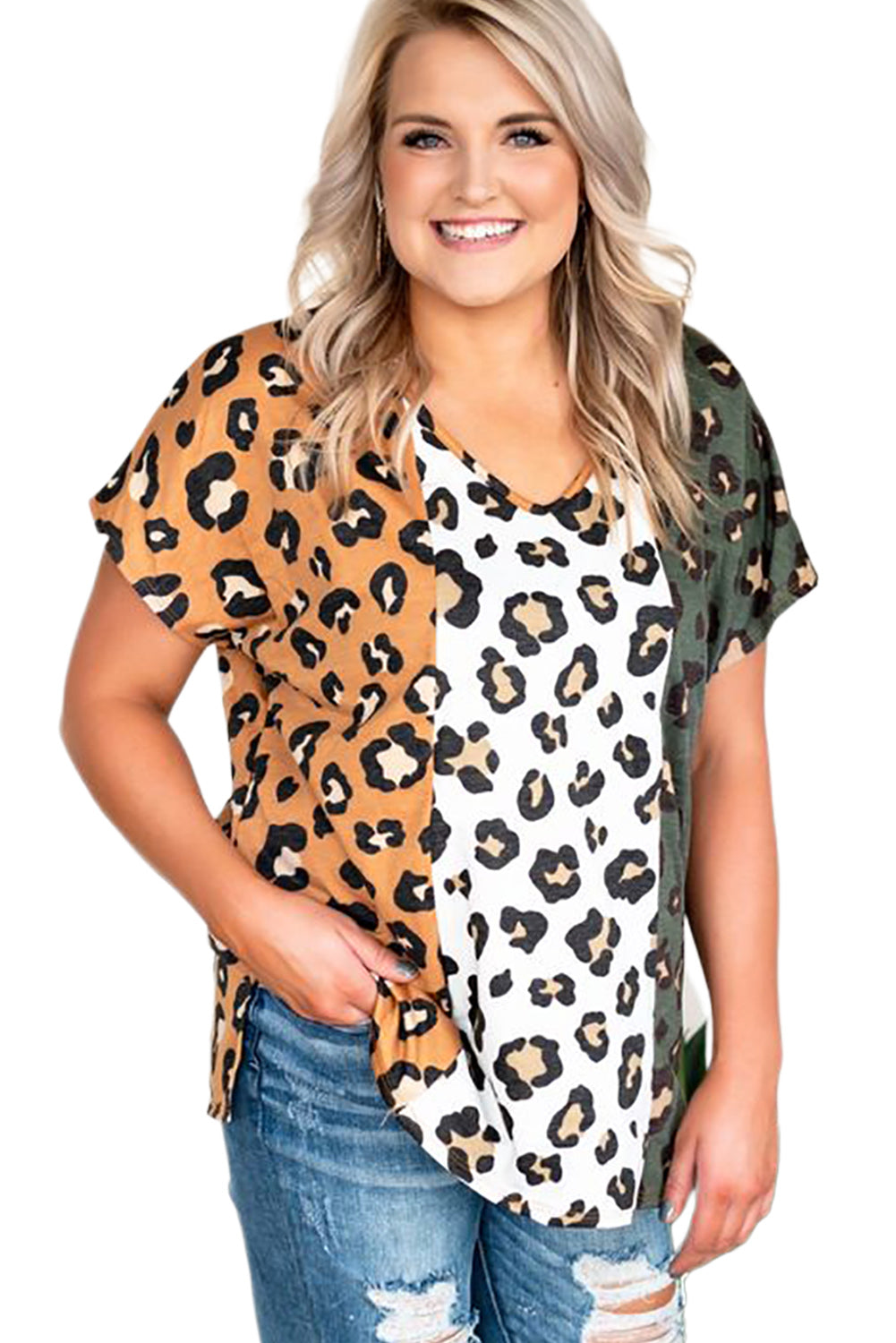 Plus Size Leopard Print Contrast T-Shirt