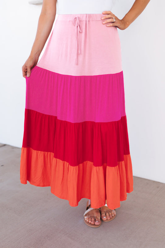 Color Block Tiered Drawstring High Waist Maxi Skirt