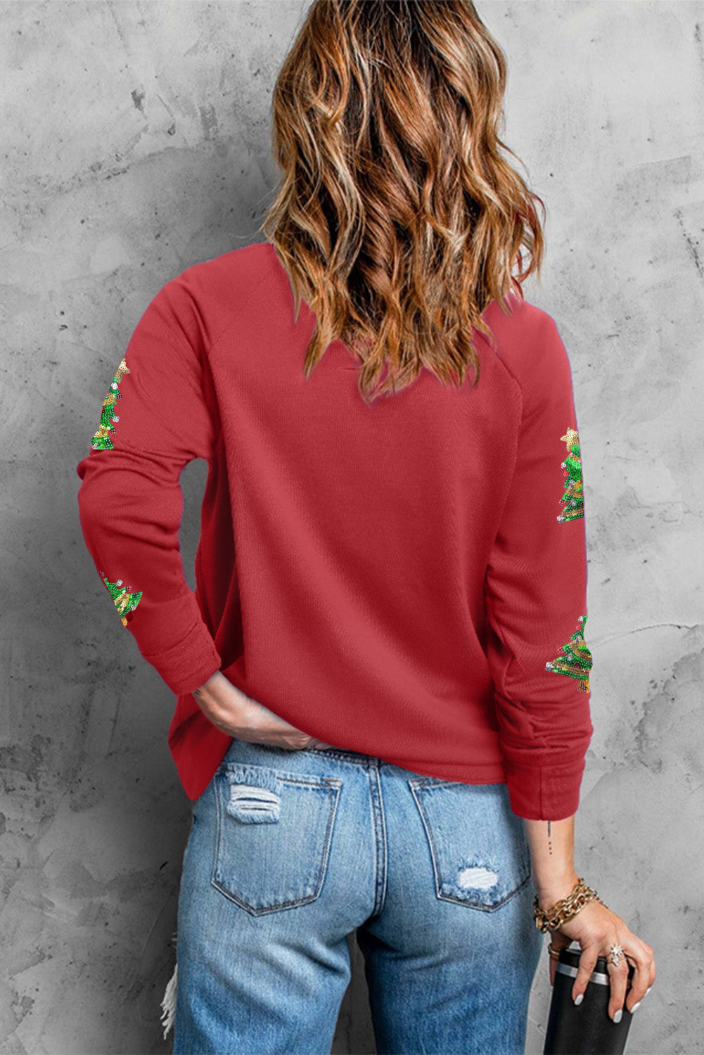 Fiery Red Sequined Christmas Tree Raglan Sleeve Sweatshirt