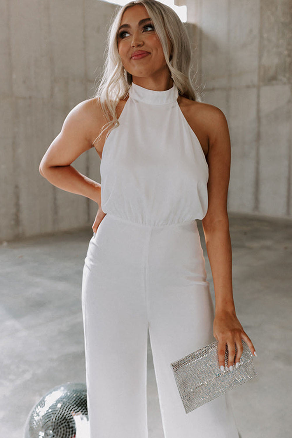 Button Halterneck Elegant Wide Leg Jumpsuit