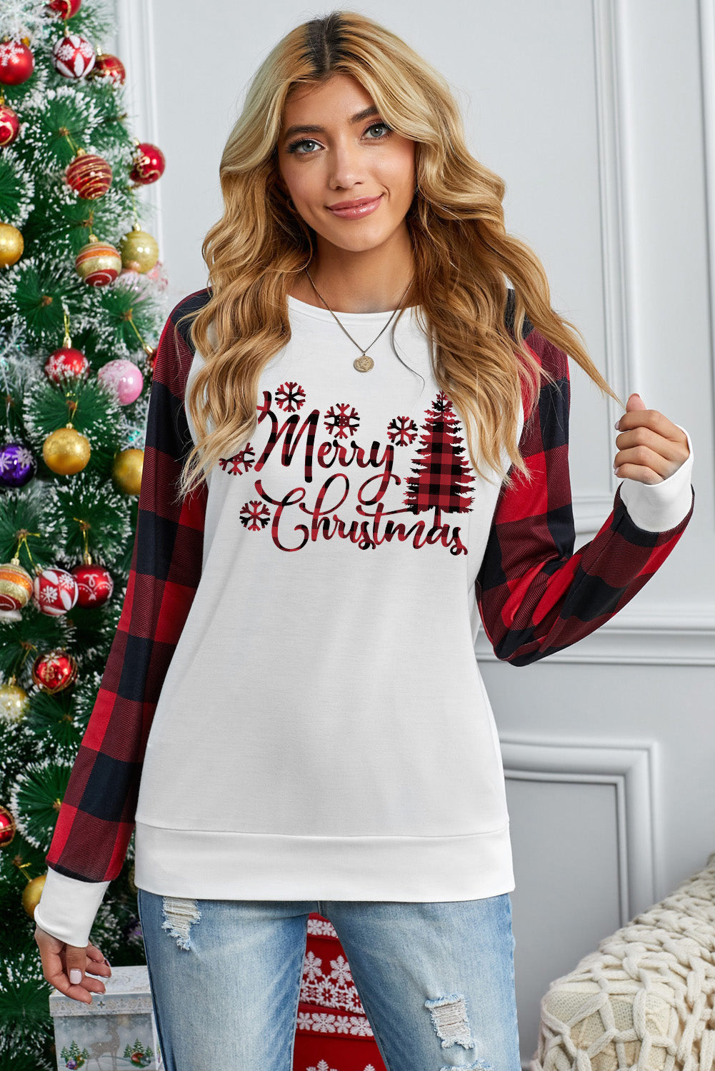 Merry Christmas Plaid Graphic Print Long Sleeve Sweatshirt