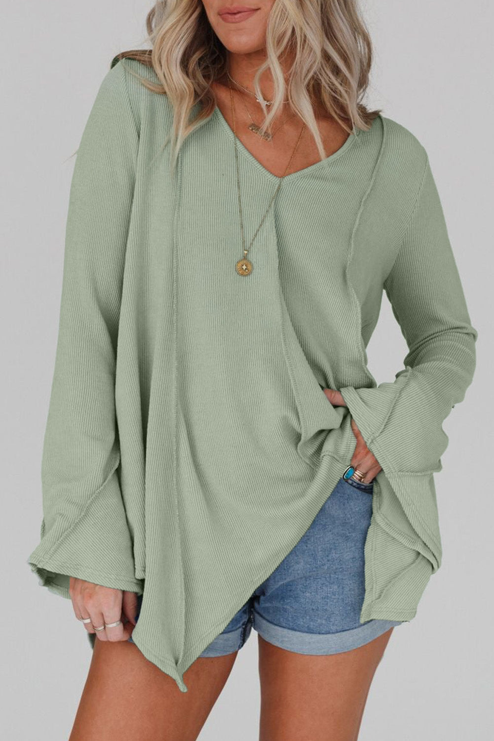 Ribbed Expose Seam Bell Sleeve Top