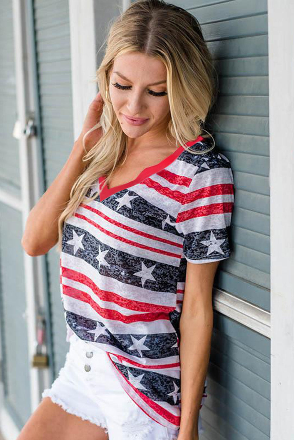 Star and Stripe Print V-Neck Casual T-Shirt