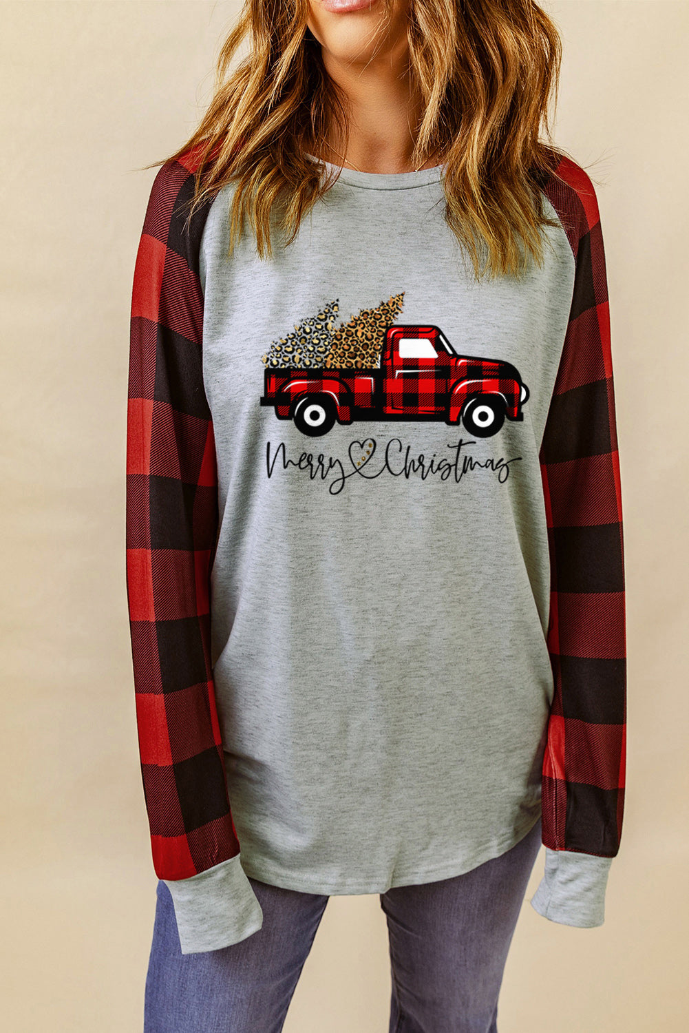 Merry Christmas Truck Plaid Patchwork Pullover Sweatshirt