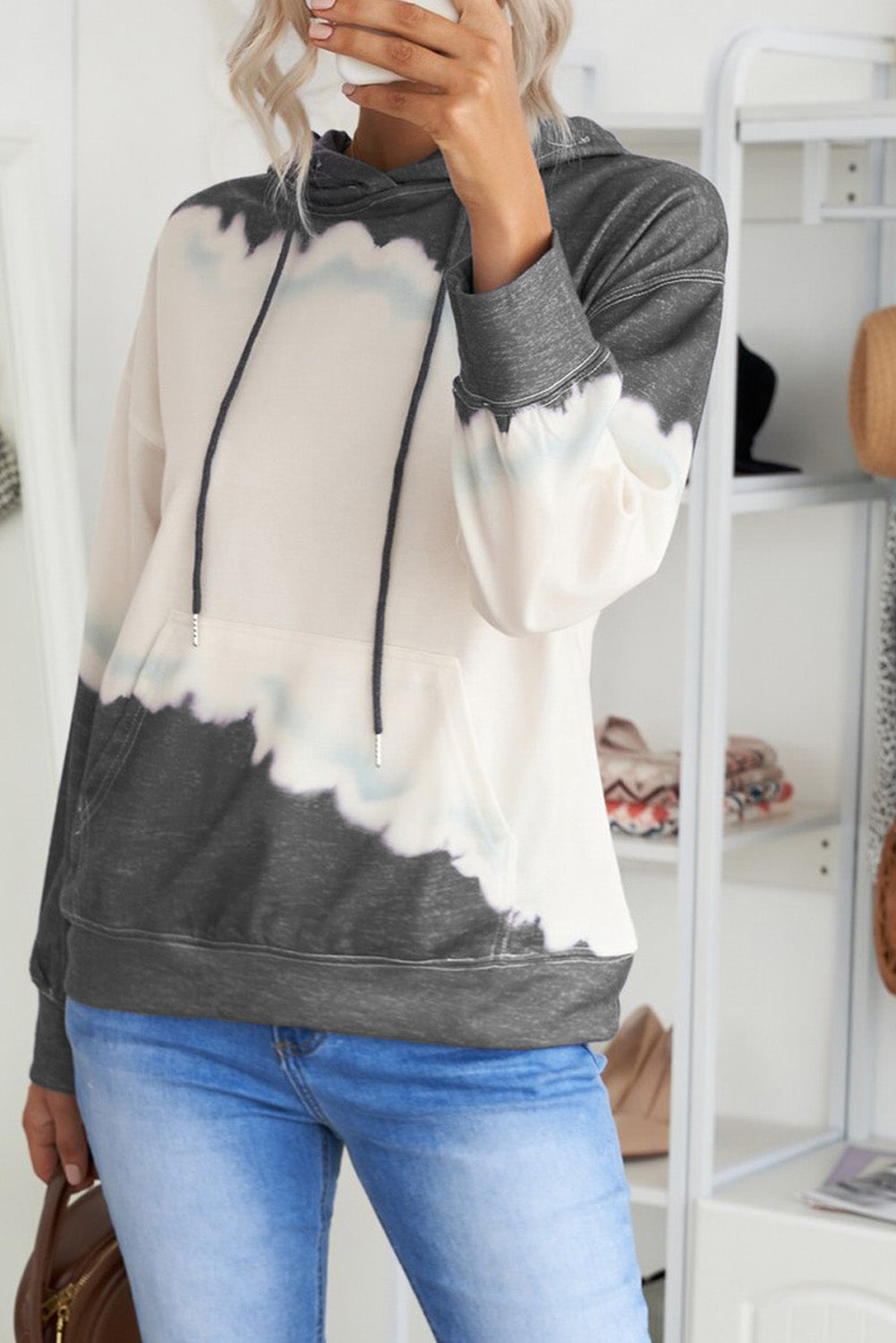 Gray Hooded Tie Dye Print Pocket Casual Sweatshirt