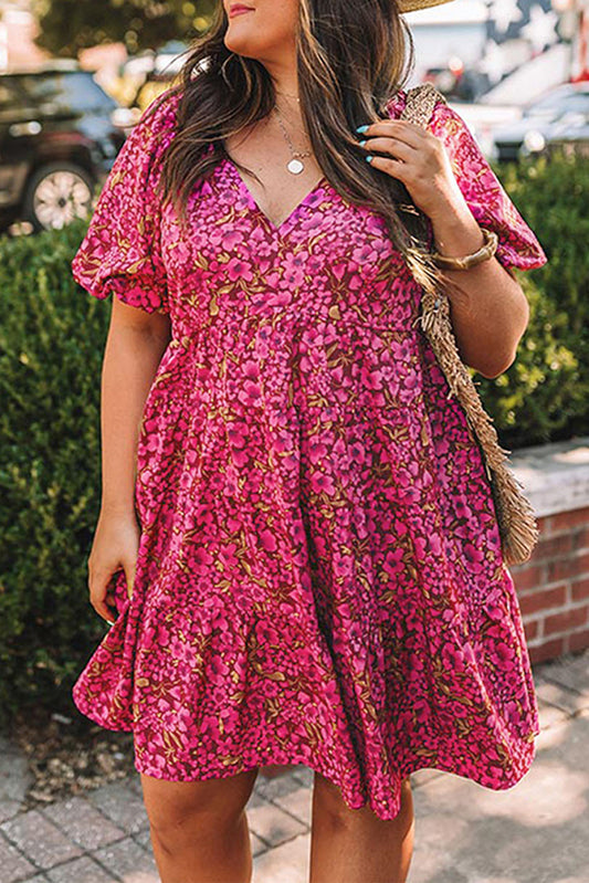 Plus Size Floral V Neck Babydoll Dress