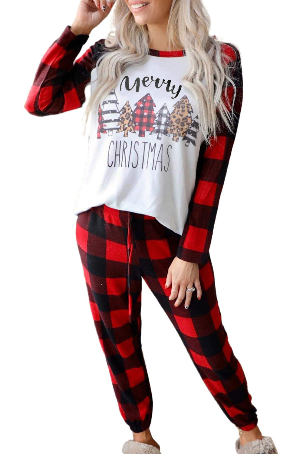 Plaid Merry Christmas Graphic Loungewear Set