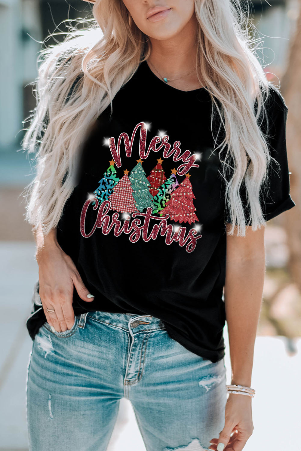 Merry Christmas Tree Pattern Graphic Tee