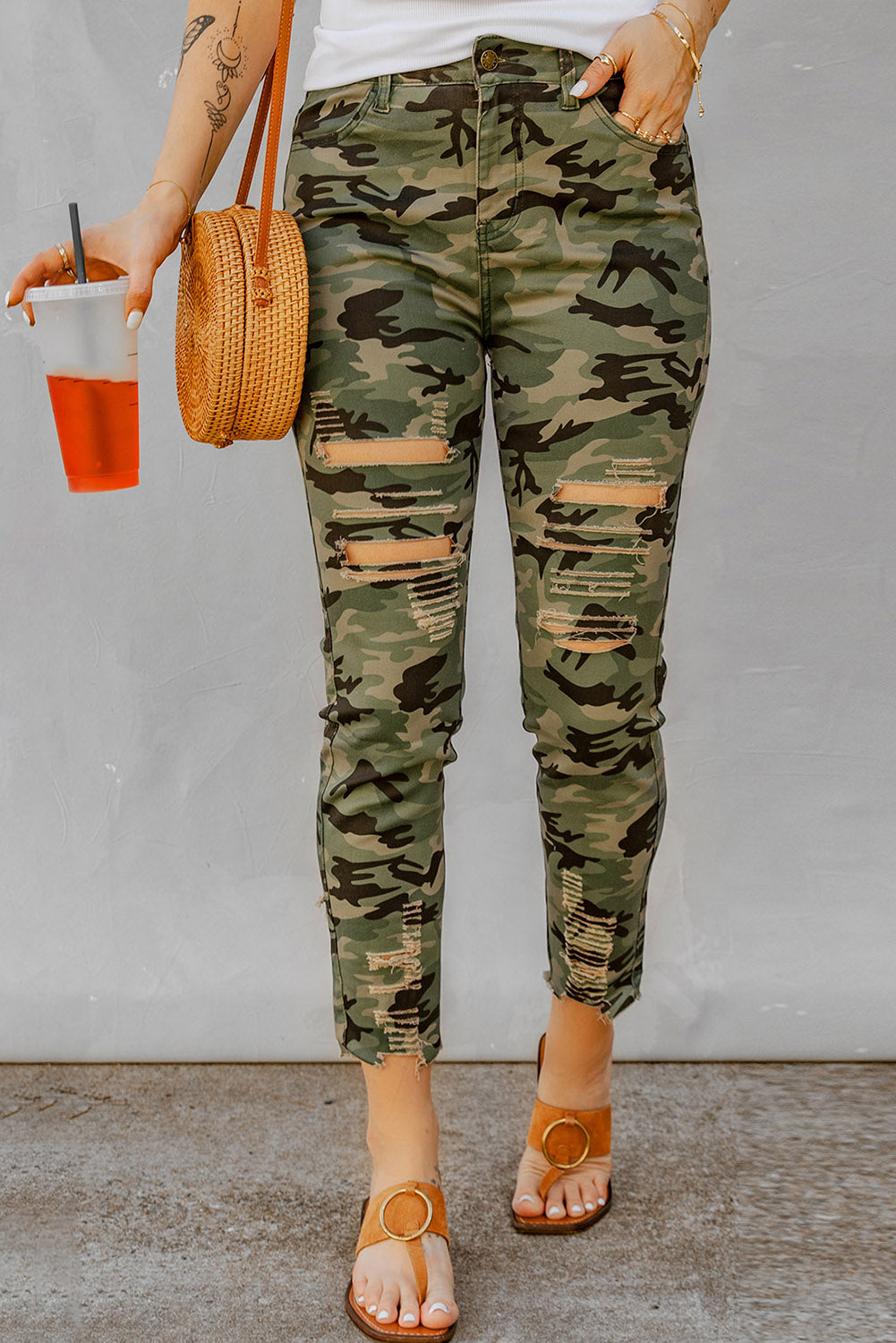 Green Camouflage Hollow out Skinny Jeans with Pocket