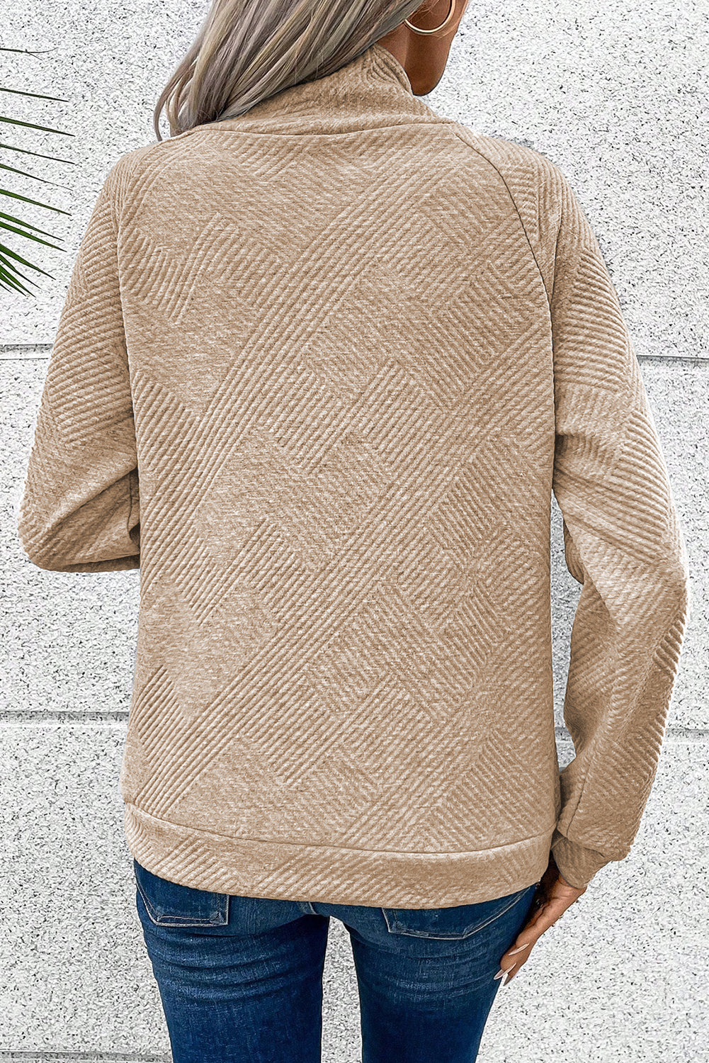 Gray Asymmetric Buttons Detail High Neck Textured Sweatshirt