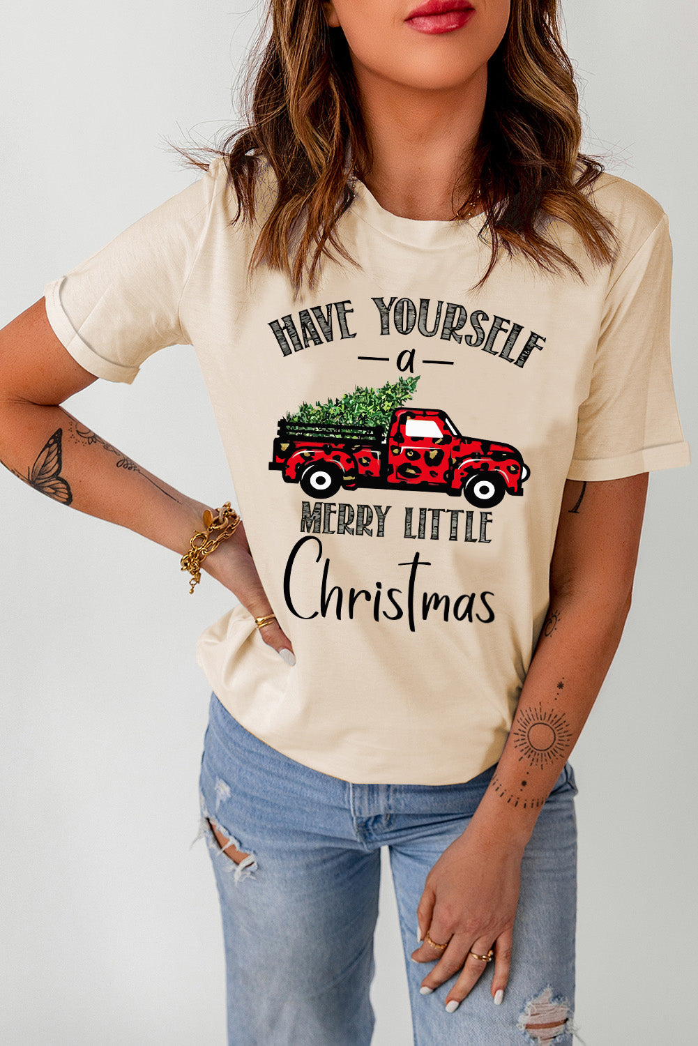 Khaki Christmas Tree Leopard Truck Print Graphic T Shirt