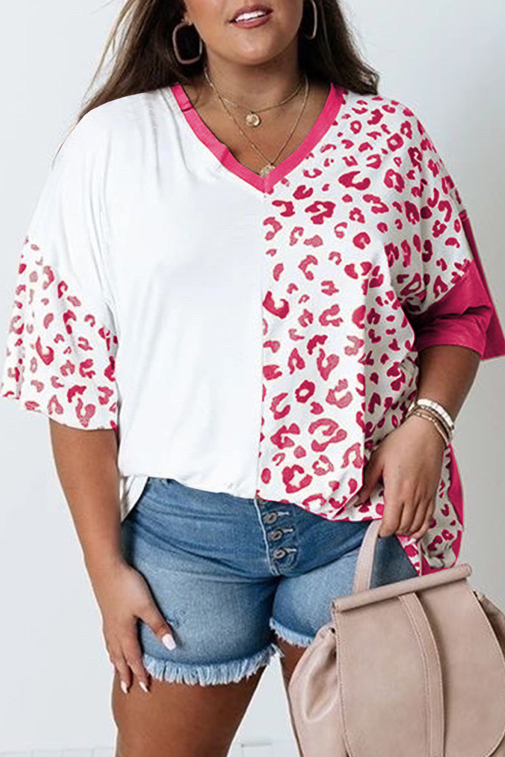 Plus Size Leopard Patchwork Short Sleeve Top