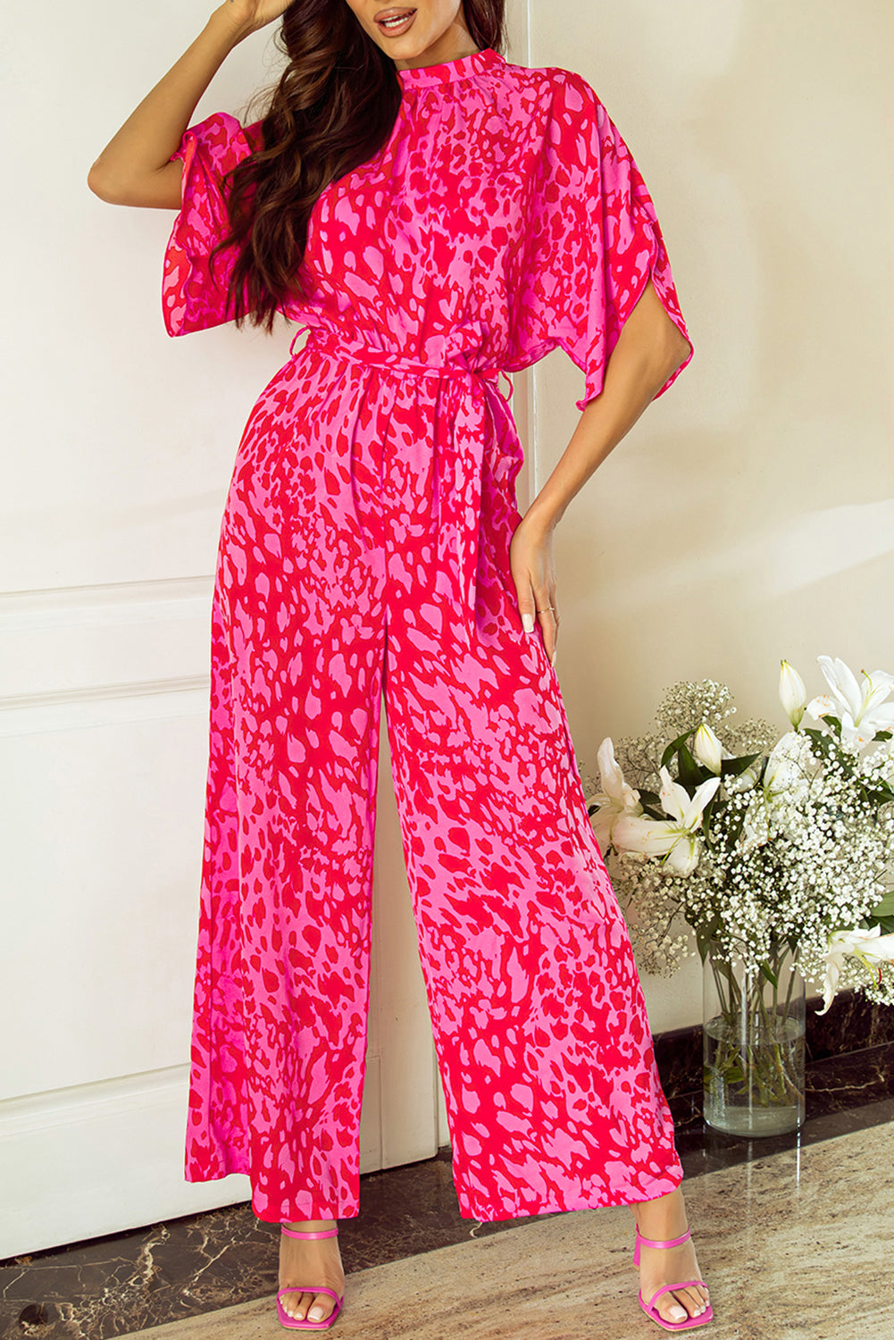 Rose Leopard Loose Sleeve Belted Wide Leg Jumpsuit