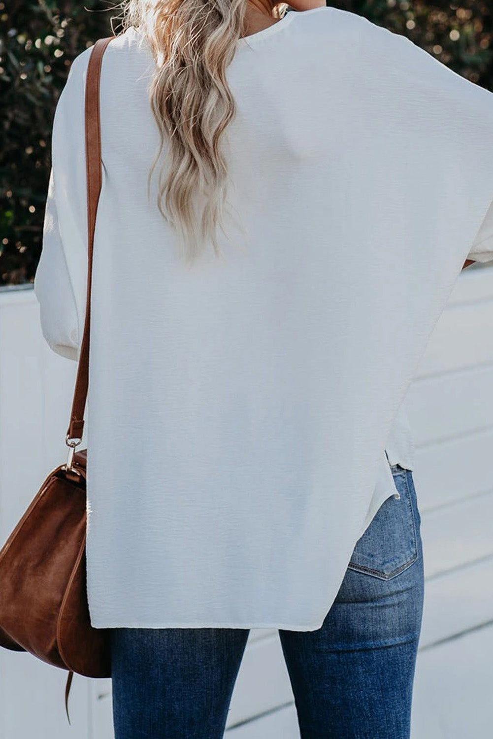 White V Neck 3/4 Sleeve High Low Hem Shirt