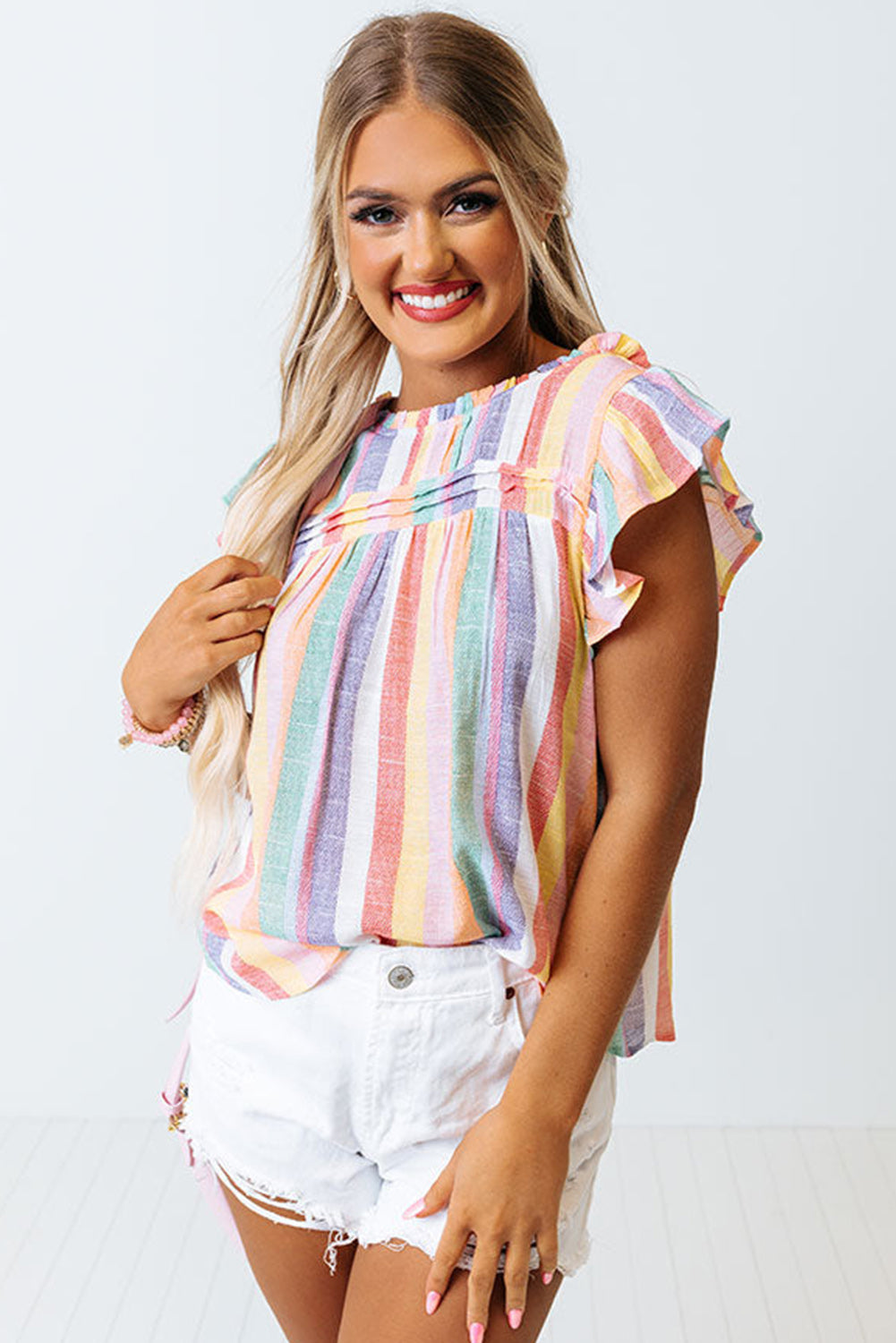 Multicolor Striped Frill Round Neck Ruffle Sleeve Blouse