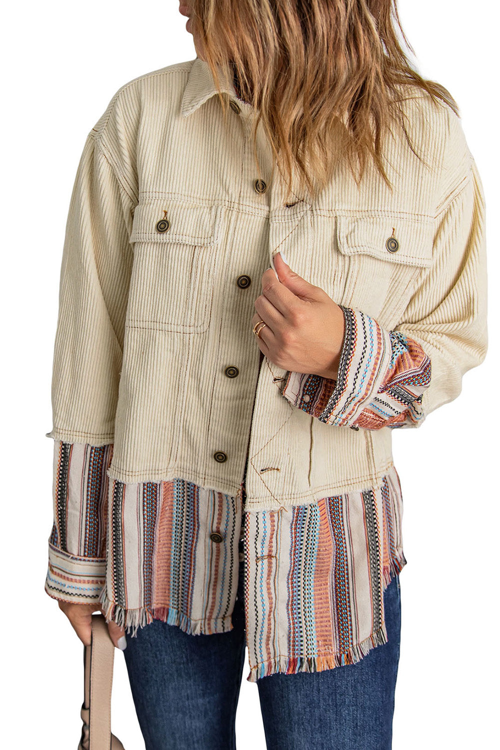 Green Button Up Pockets Striped Color Block Corduroy Jacket