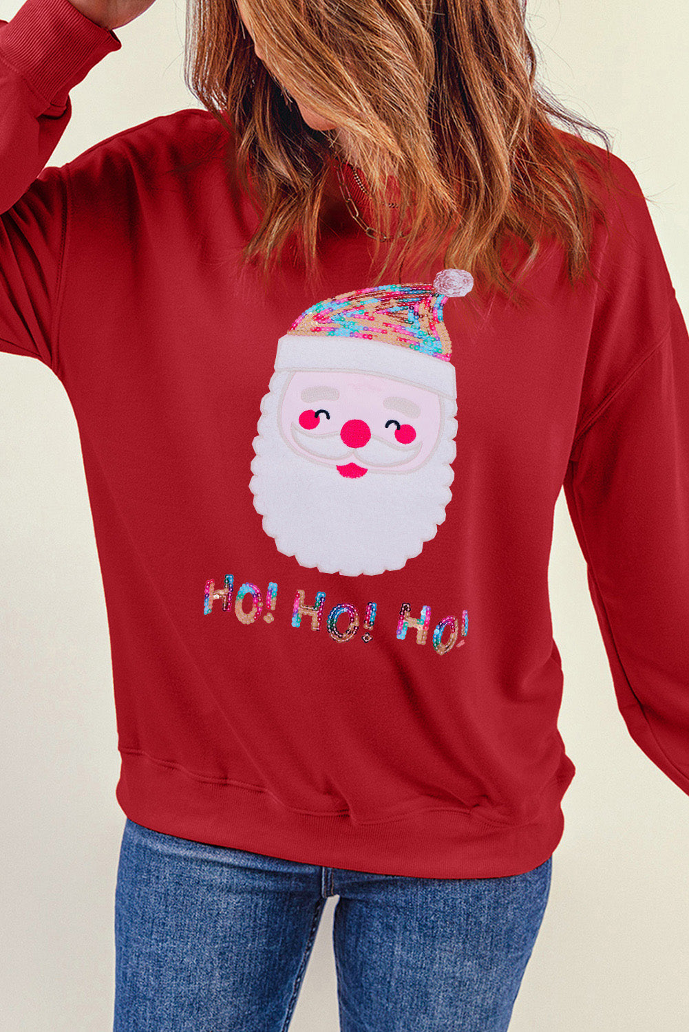 Fiery Red HO HO HO Sequined Santa Claus Sweatshirt