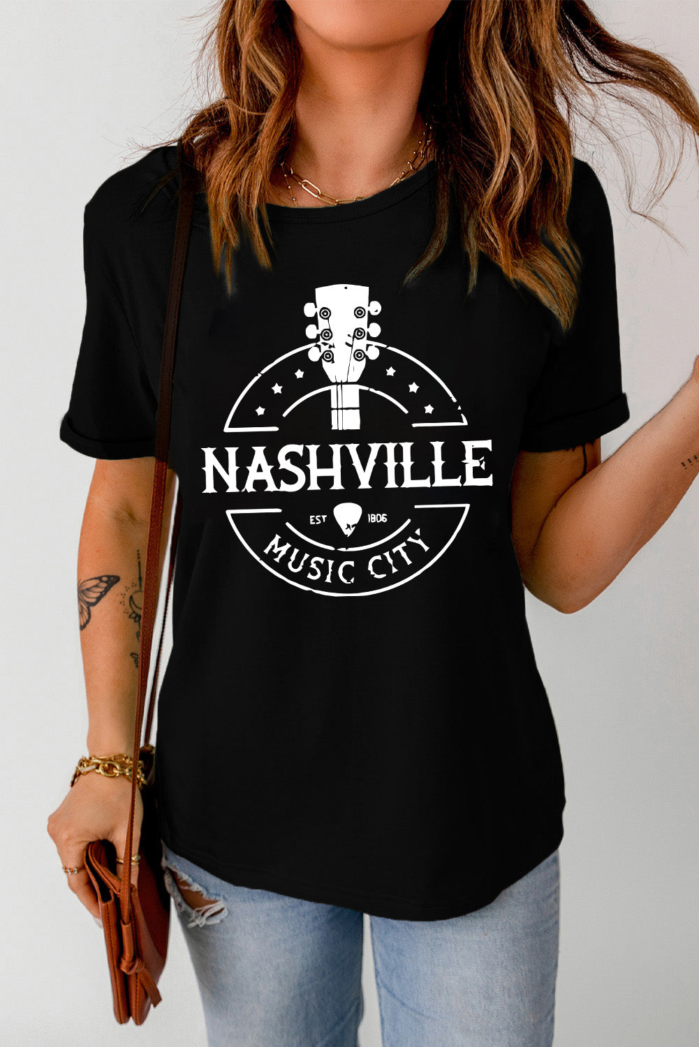 NASHVILLE MUSIC CITY Graphic Print Crew Neck T Shirt