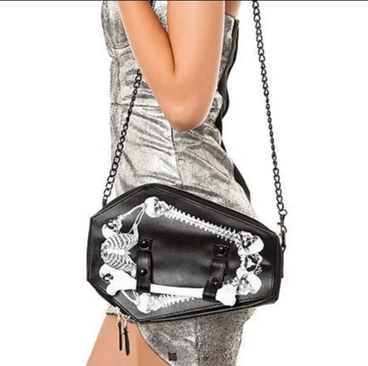 Y2K Style Skeleton Shoulder Bag, Gothic Punk PU Leather Crossbody Bag, Metal Chain Zipper Shoulder Bag