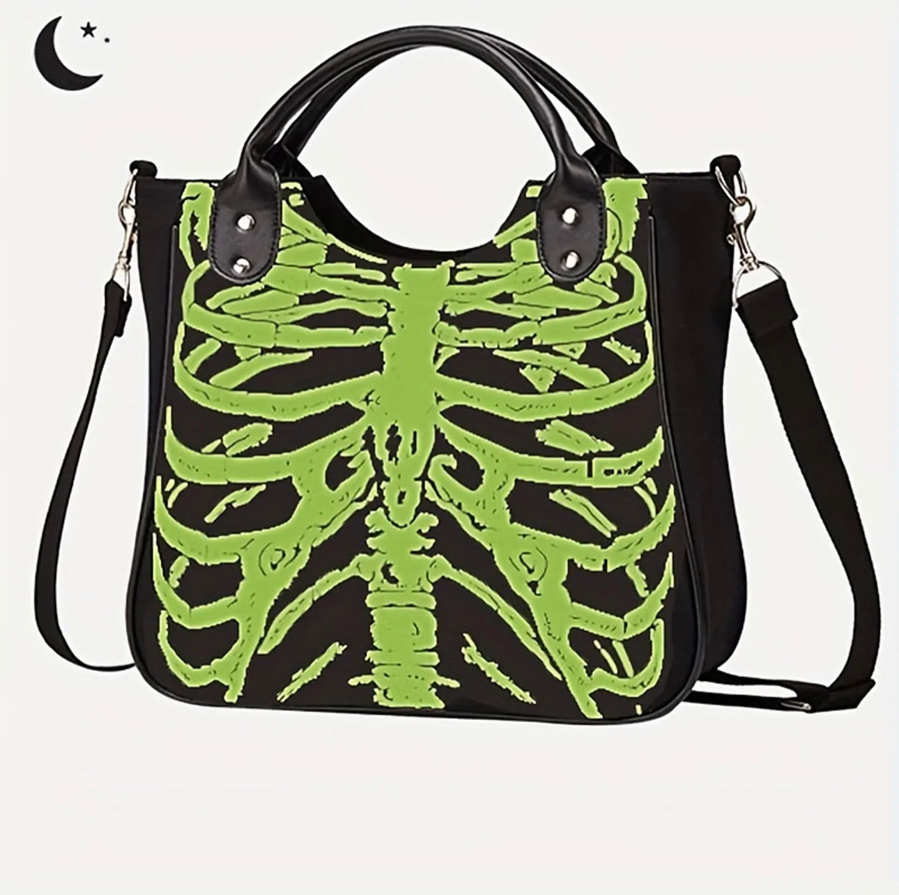 Halloween Skeleton Print Handbag, Luminous Canvas Crossbody Bag, Gothic Large Capacity Handbags