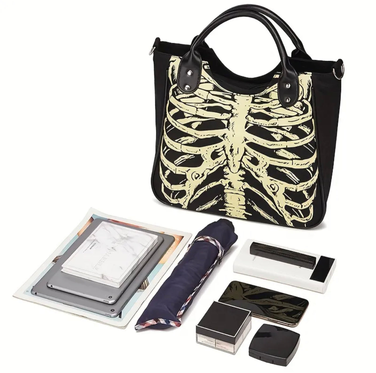 Halloween Skeleton Print Handbag, Luminous Canvas Crossbody Bag, Gothic Large Capacity Handbags