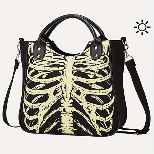 Halloween Skeleton Print Handbag, Luminous Canvas Crossbody Bag, Gothic Large Capacity Handbags