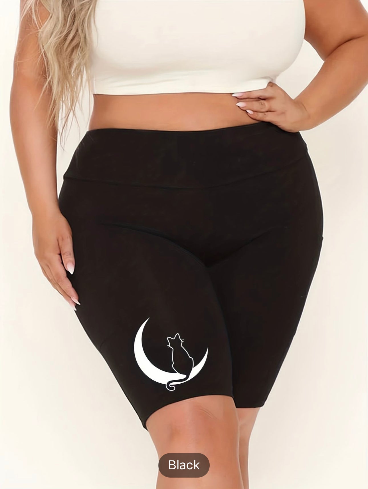 Plus Size Casual Shorts, Women's Plus Moon & Cat Print High Rise Biker Shorts