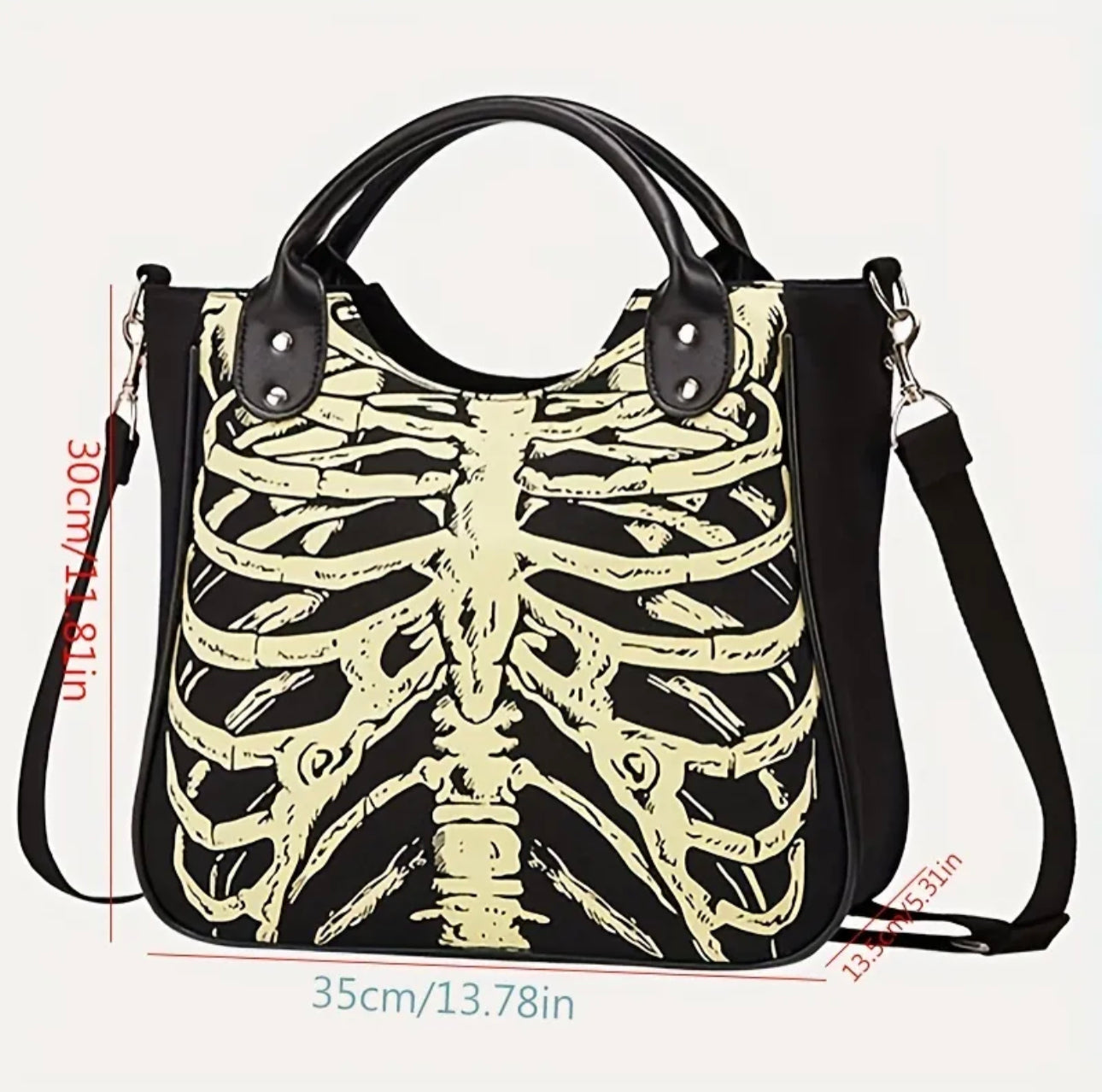 Halloween Skeleton Print Handbag, Luminous Canvas Crossbody Bag, Gothic Large Capacity Handbags