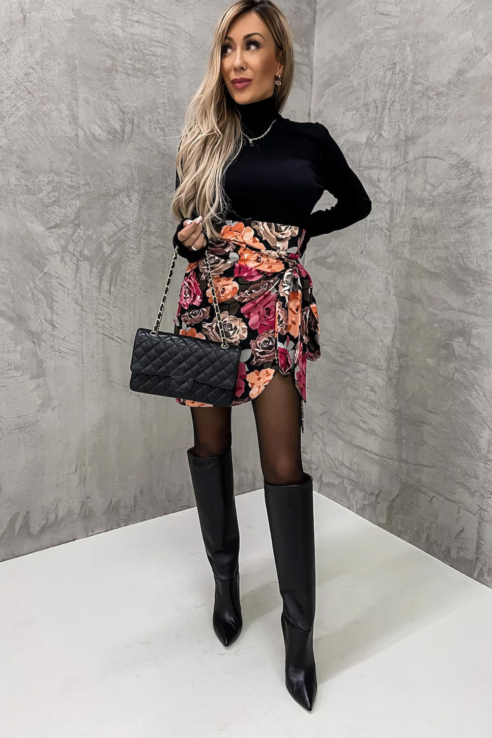 Multicolor Floral Print Asymmetric Front Knot Wrap Skirt