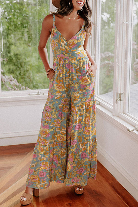 Adjustable Straps Floral Tiered Wide Leg Jumpsuit