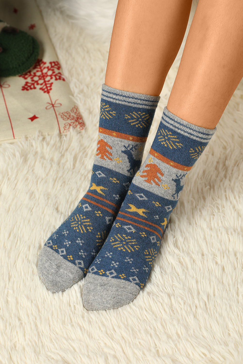 Multicolor 5 Pairs Christmas Reindeer Snowflake Pattern Socks