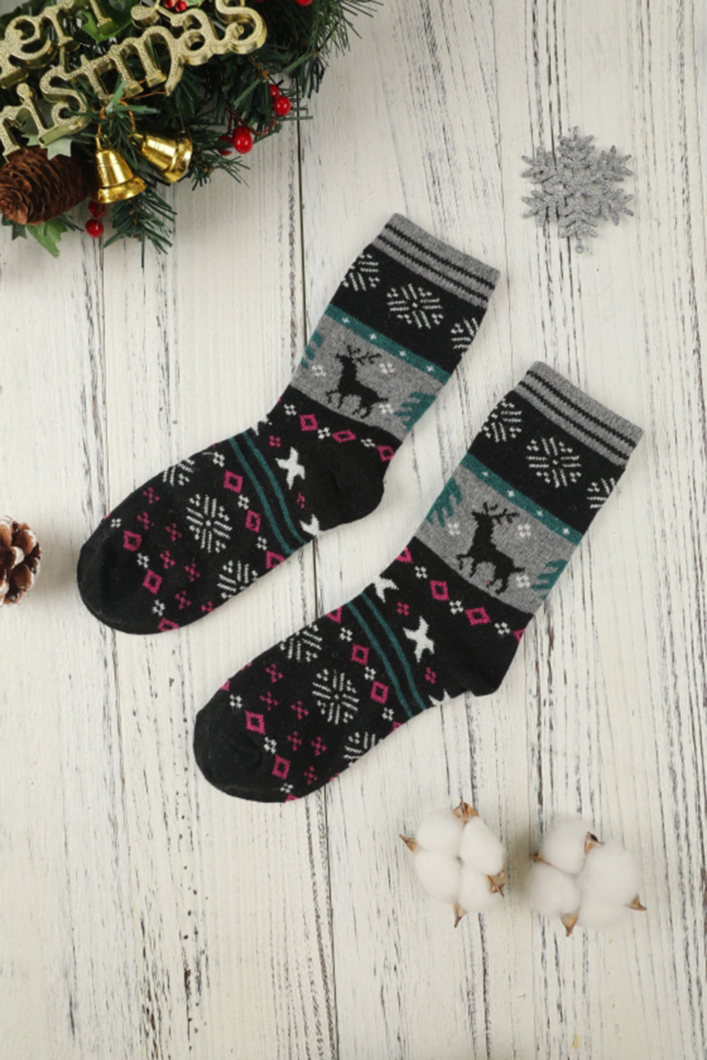 Multicolor 5 Pairs Christmas Reindeer Snowflake Pattern Socks