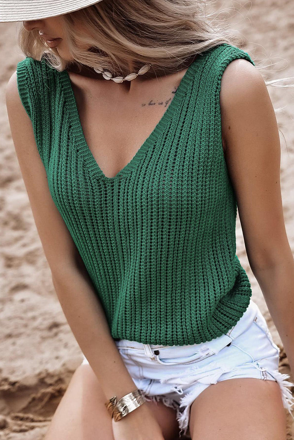 Hollowed Knit V Neck Tank Top