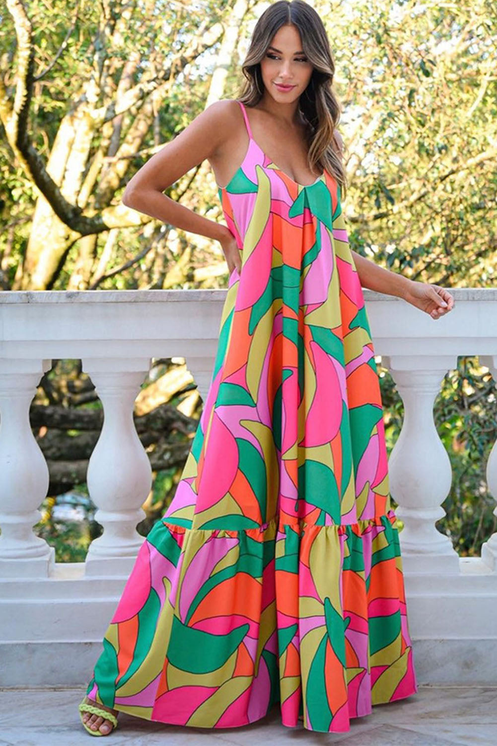 Multicolor Boho Geometric Print Sleeveless Maxi Dress