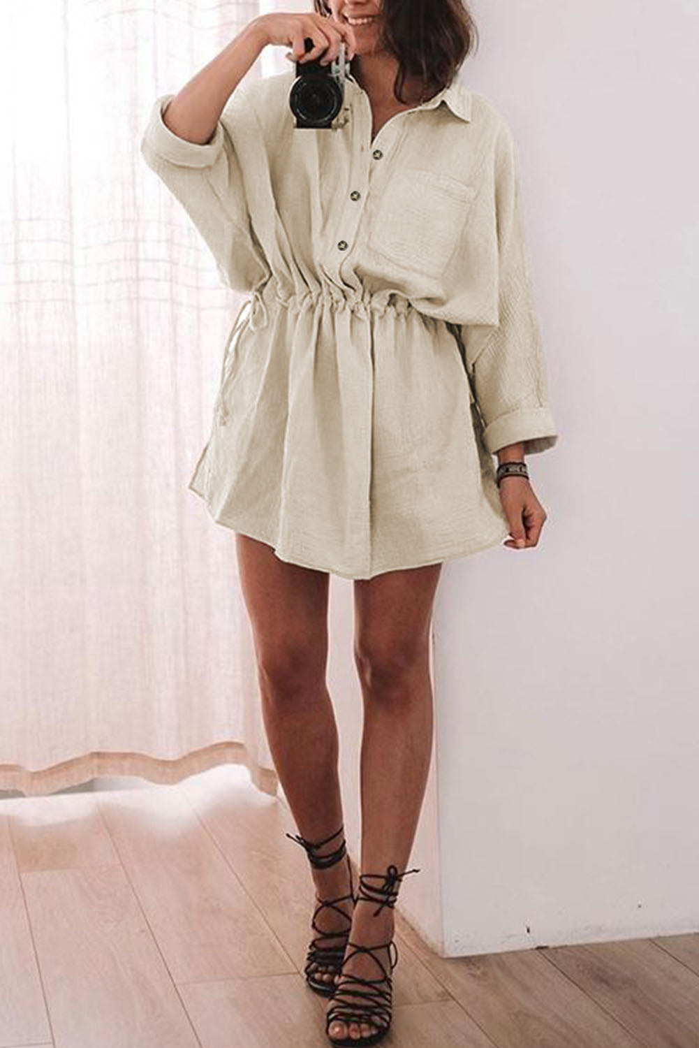 Beige Button Pockets Drawstring Waist Dress