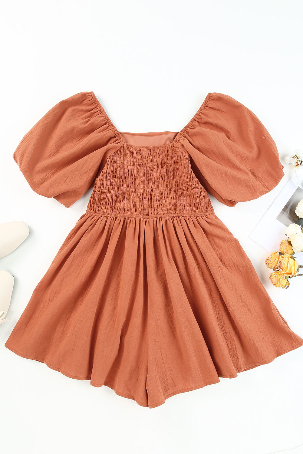 Square Neck Ruched Puff Sleeve Romper