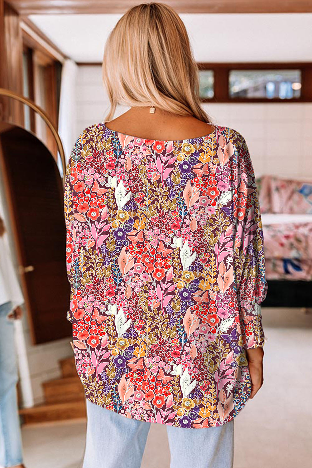 Multicolor Floral Print Shirred 3/4 Sleeve Tunic Blouse