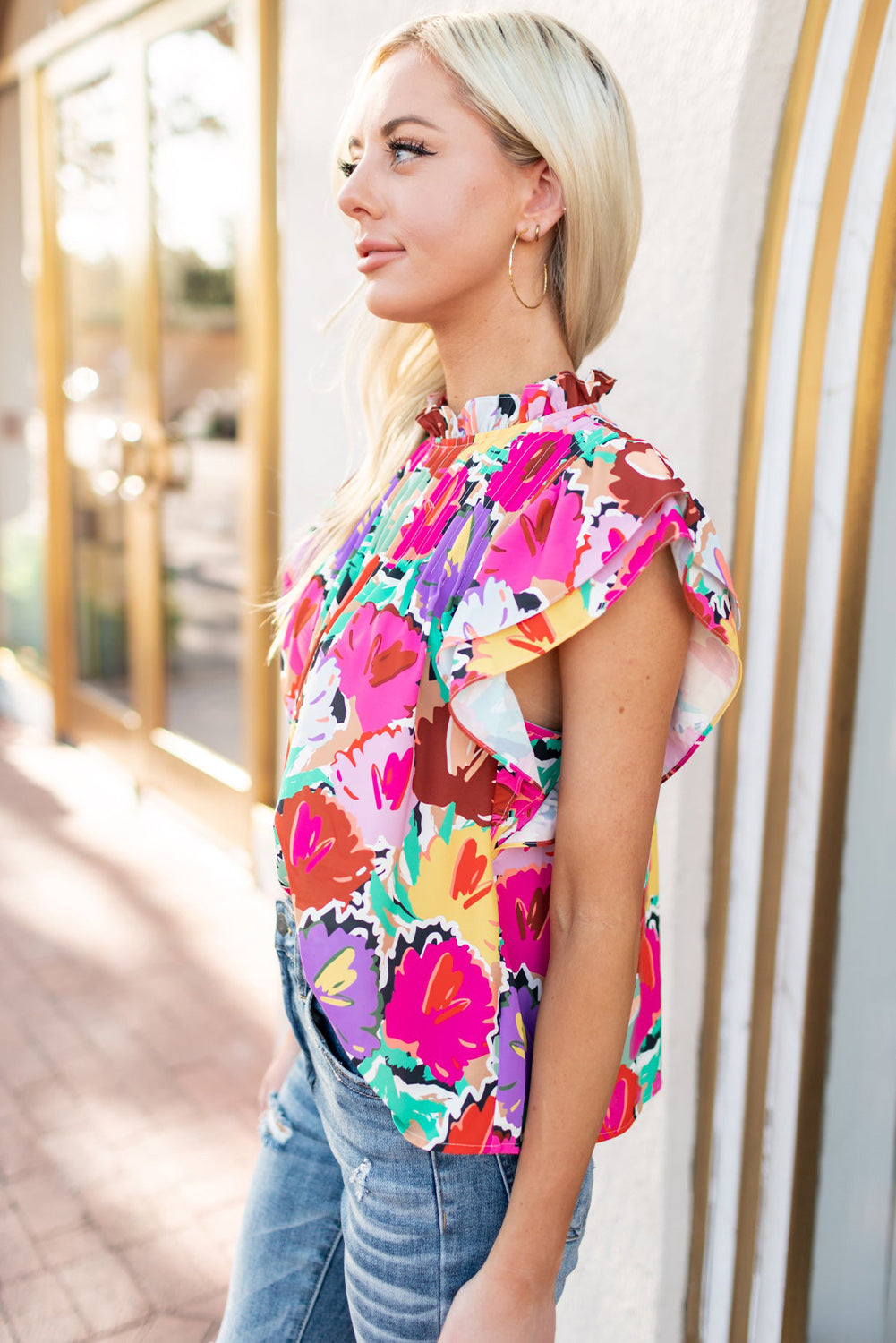 Multicolor Abstract Floral Print Frilled Neck Pleated Blouse