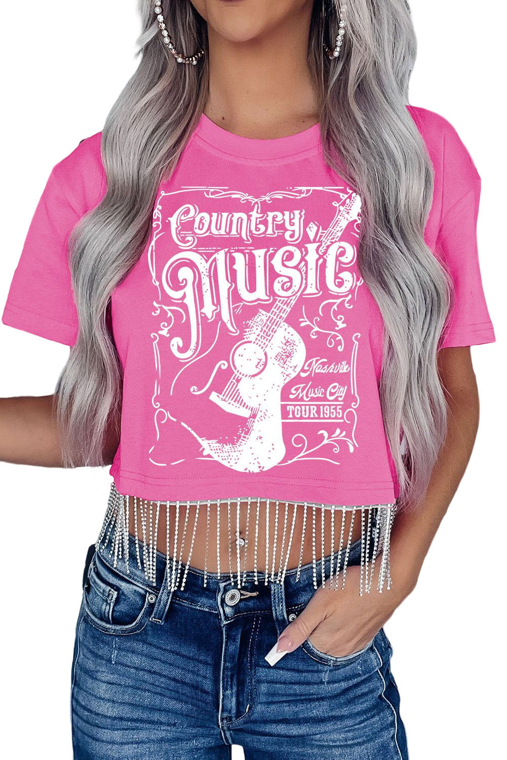 Country Music Graphic Print Rhinestone Fringed Crop Top