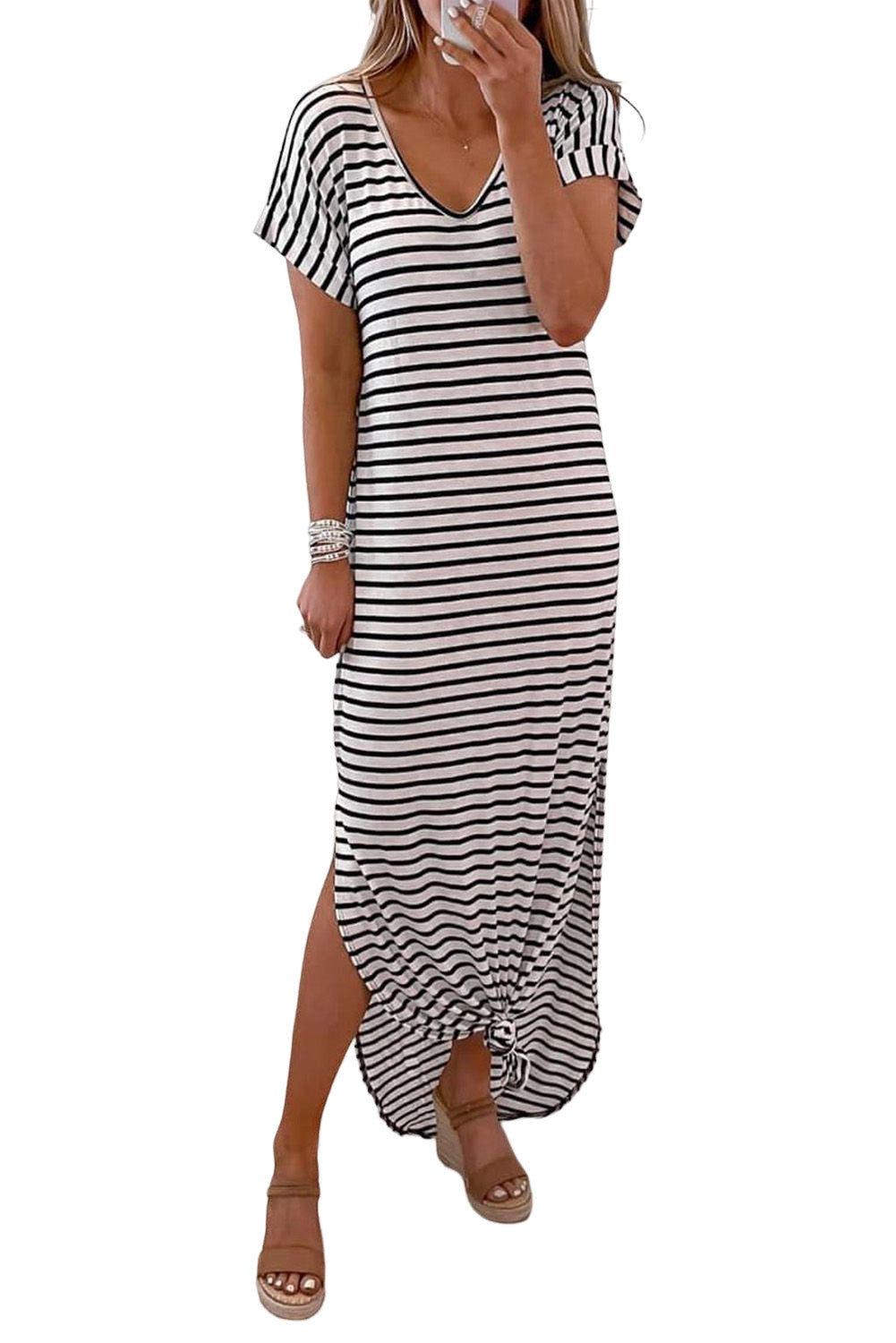 Striped Print Side Split Short Sleeve V Neck Maxi Dress