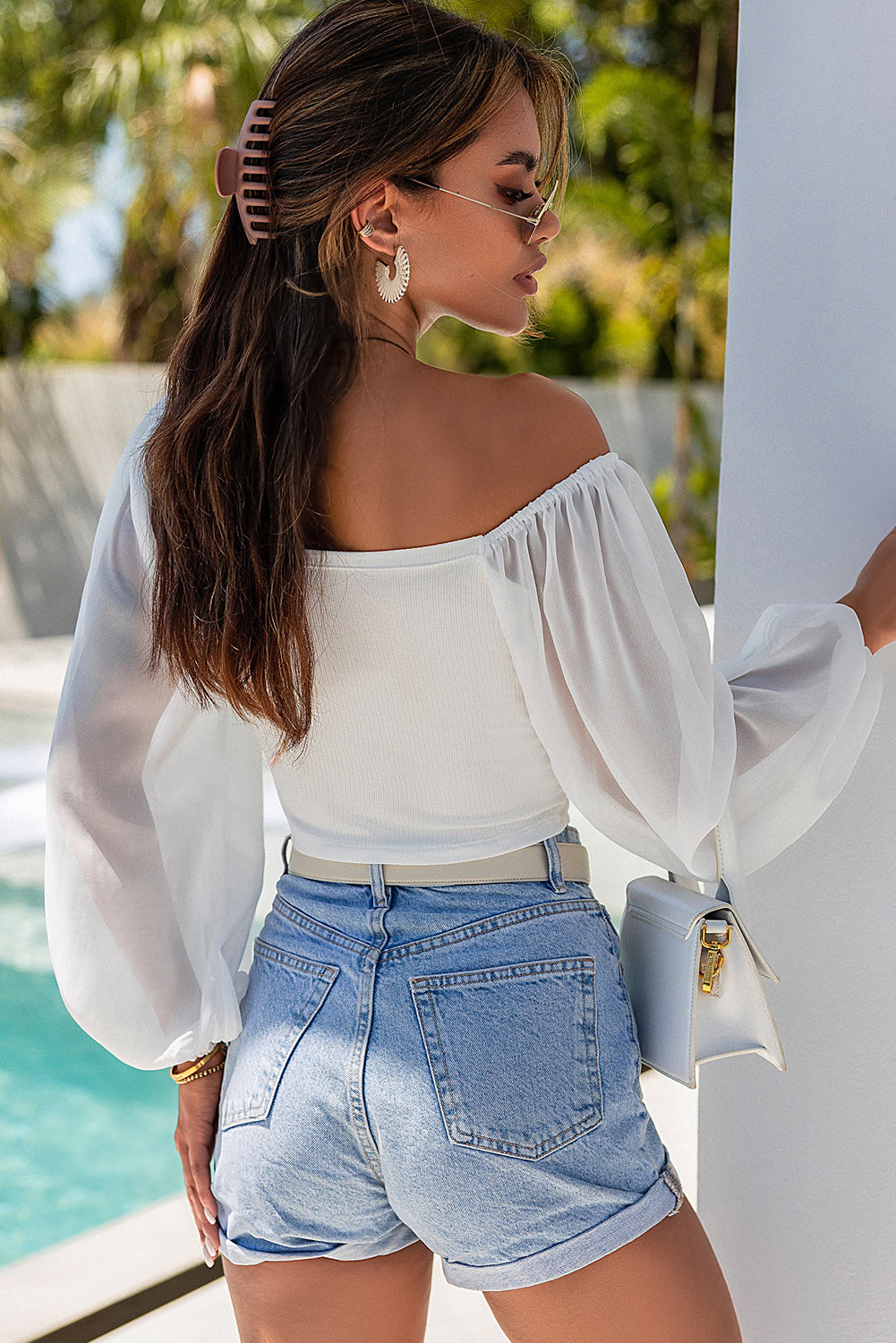 Drawstring Front Sheer Puff Sleeve Crop Top