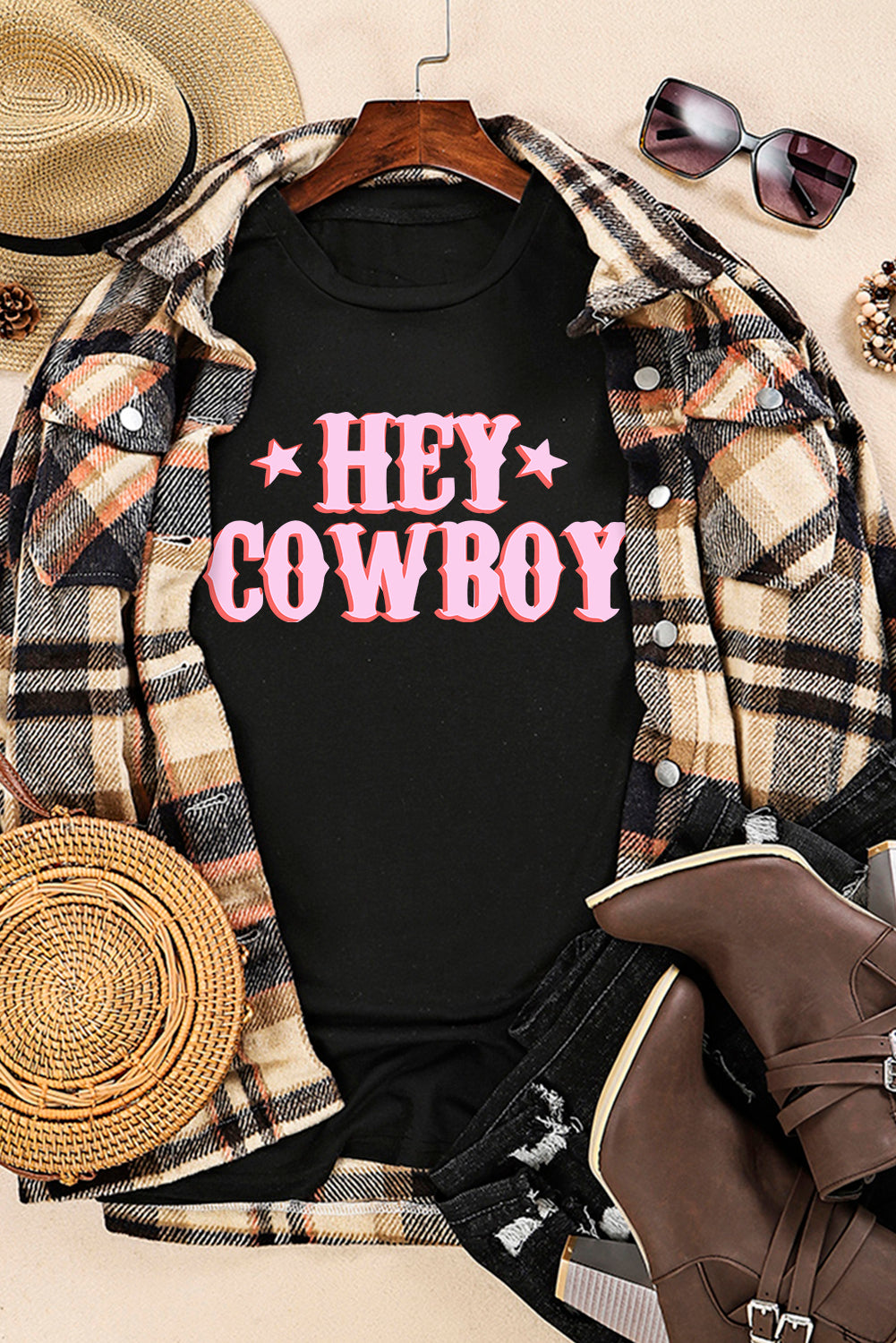 HEY COWBOY Letters Crew Neck T-shirt