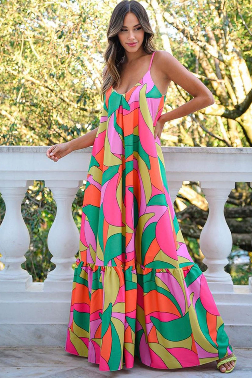 Multicolor Boho Geometric Print Sleeveless Maxi Dress