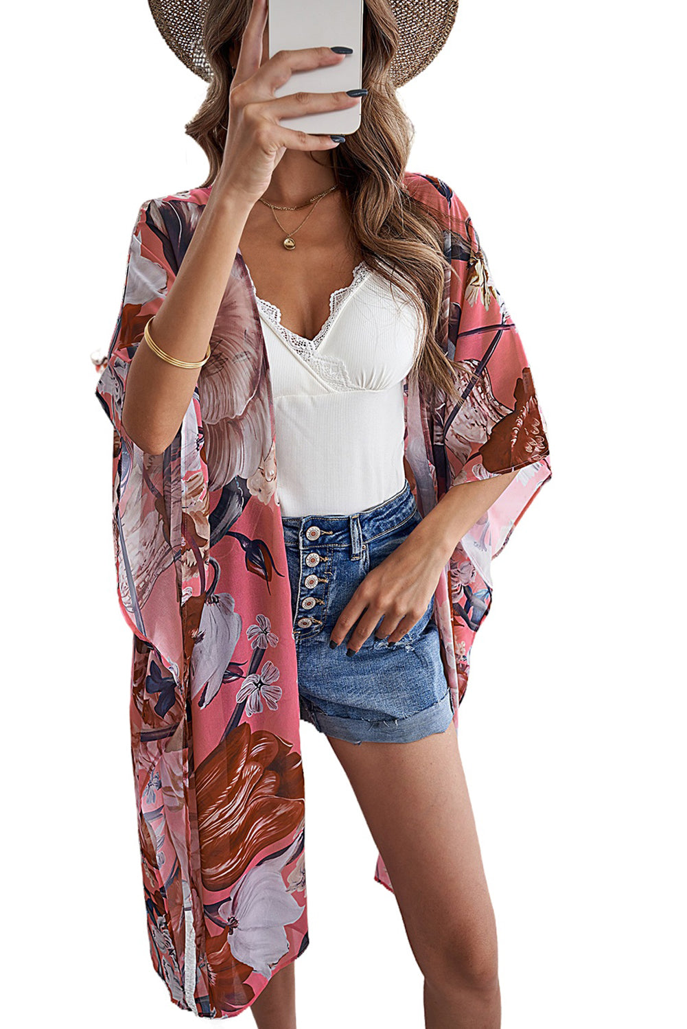 Boho Floral Print Beach Cover up Kimono