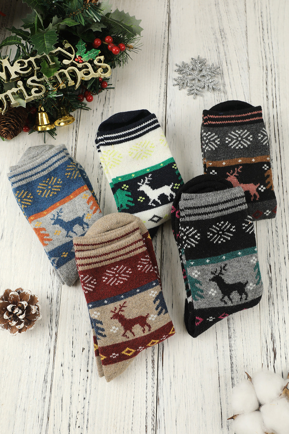 Multicolor 5 Pairs Christmas Reindeer Snowflake Pattern Socks