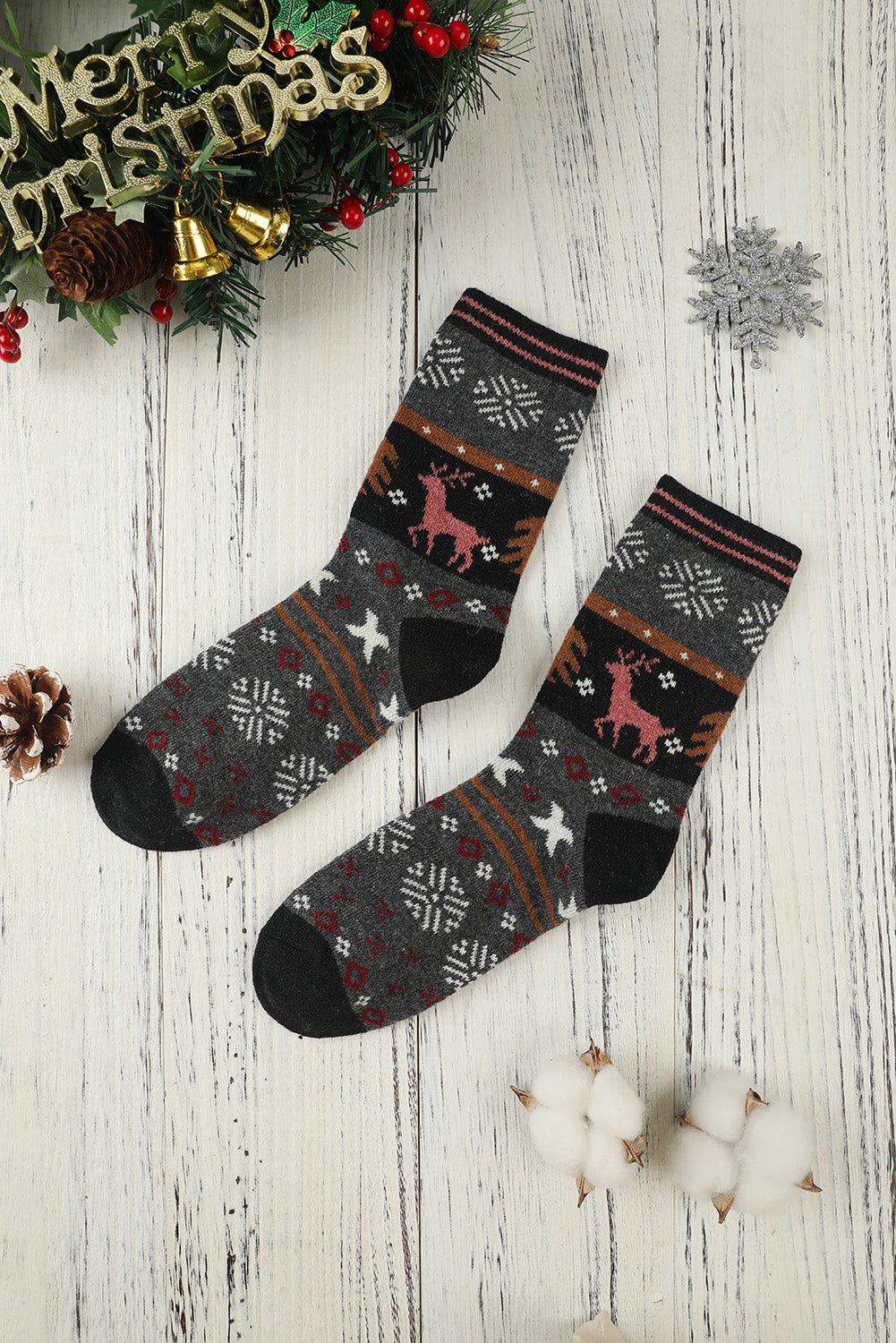 Multicolor 5 Pairs Christmas Reindeer Snowflake Pattern Socks