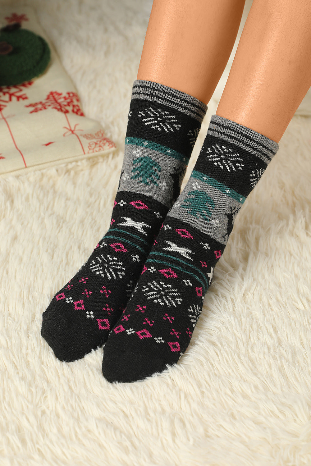 Multicolor 5 Pairs Christmas Reindeer Snowflake Pattern Socks