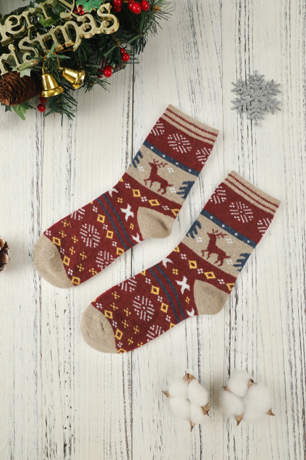 Multicolor 5 Pairs Christmas Reindeer Snowflake Pattern Socks