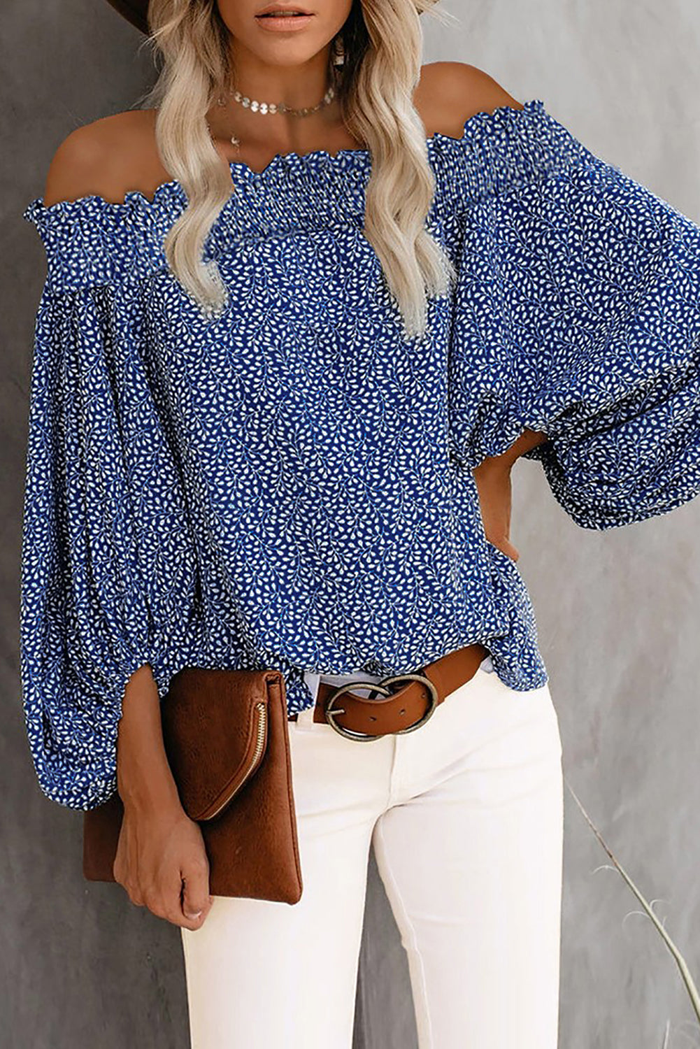 Off Shoulder Floral Print Lantern Sleeve Blouse